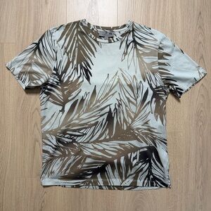 Canali Palm Leaf Short Sleeve T-Shirt Mens 50 Medium Light Blue Brown Black